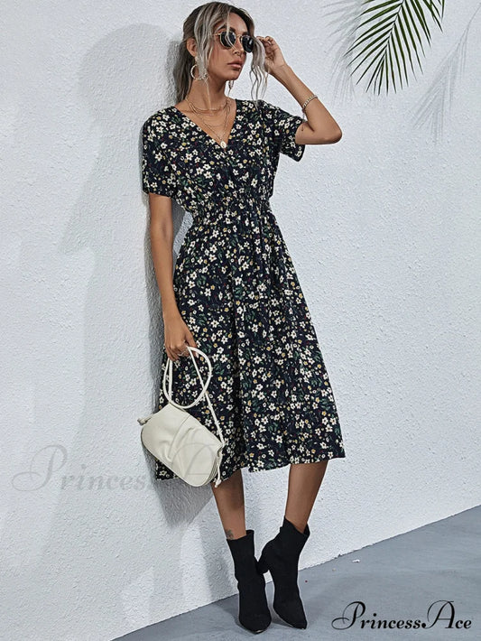 Coastal Short-Sleeved Gown Chiffon V-Neck A-Line Warm-Season Robe S / Blue Dresses