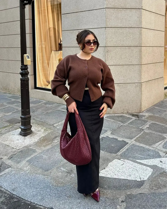 Coffee Color Round Neck Loose Cardigan Coffee / S