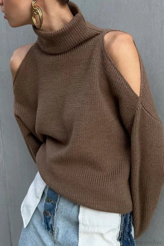 Cold Shoulder Turtleneck Loose Drape Knit Sweater Brown / S