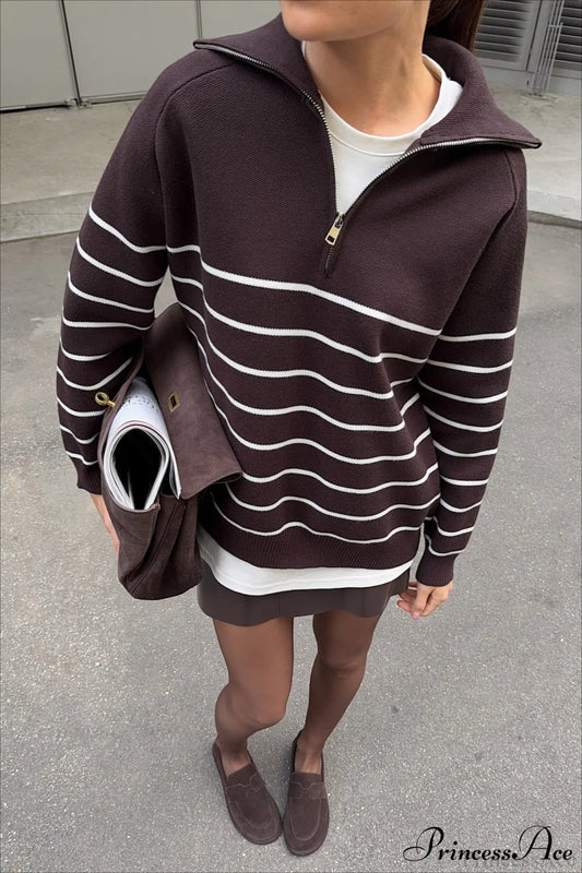Collared Half Zip Soft Striped Long Sleeve Sweater