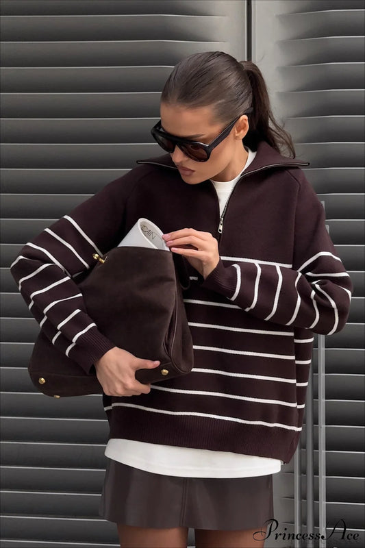 Collared Half Zip Soft Striped Long Sleeve Sweater Brown / S