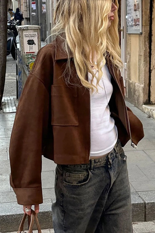 Collared Zipper Faux Suede Jacket Brown / S