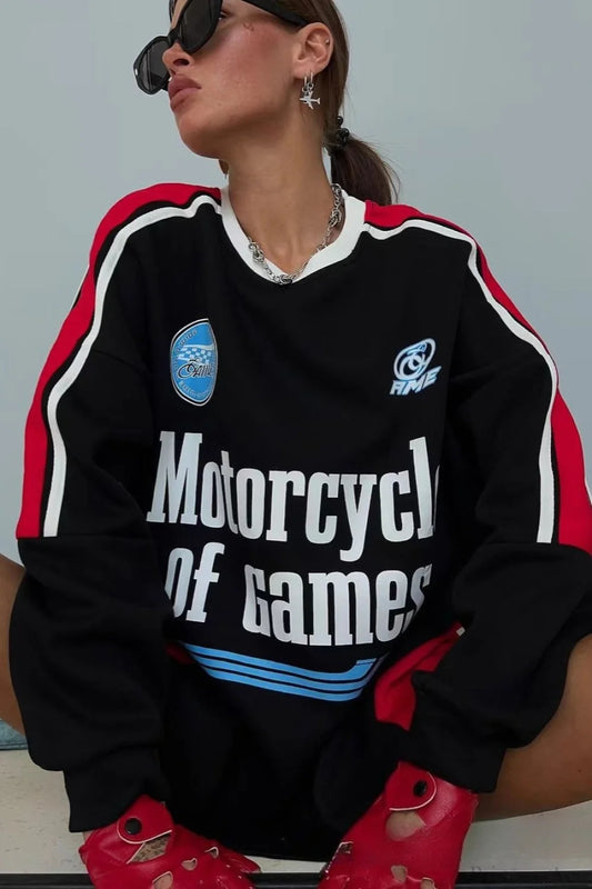 Collegiate Color-Blocked Long Sleeve Crew Neck Relaxed Sweatshirt Black / S