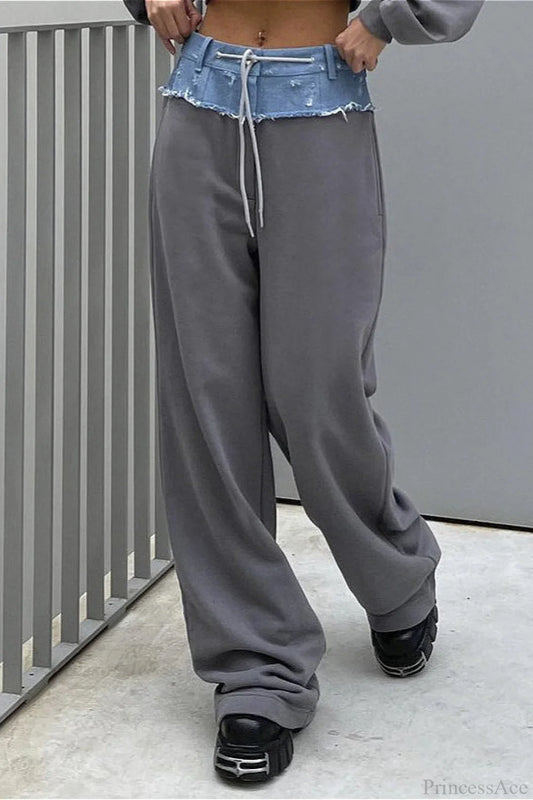 Color Block Casual Straight Wide Leg Jeans Grey / S