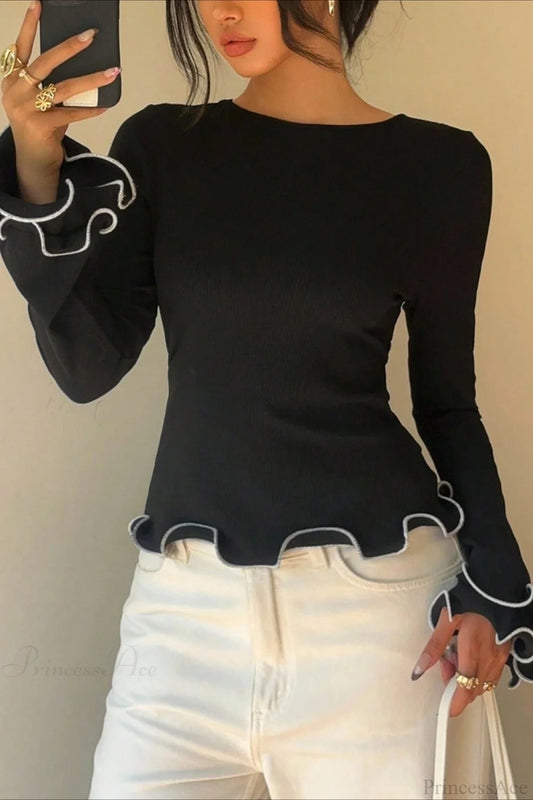Color Block Ruffle Trim Slim Crew Neck Long Sleeve Tee Black / S