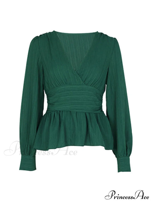 Color V-Neck Waist For Long-Sleeved Solid Blouse Women