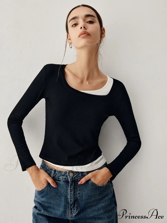 Colorblock Long Graceful Sleeve Crop Shirt Black / S T-Shirts