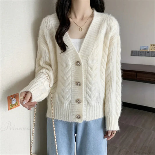 Colorful Button Patchwork Loose Knit Cardigan Beige / S cardiagn-250126