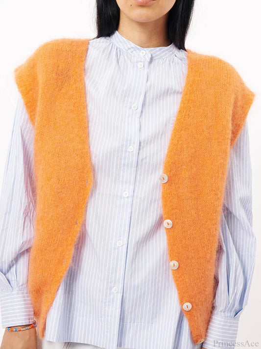 Colorful Furry Button-Up Sleeveless Cardigan Orange / S