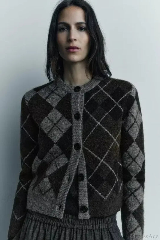 Comfortable Diamond Pattern Round Neck Cardigan black / S