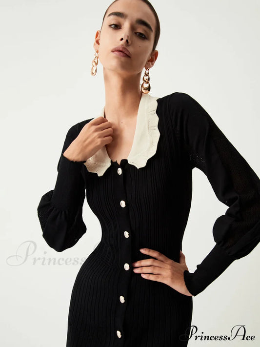 Contrast Eyelet Collar Long Modern Sleeve Midi Sweater Dress Sweaters-L