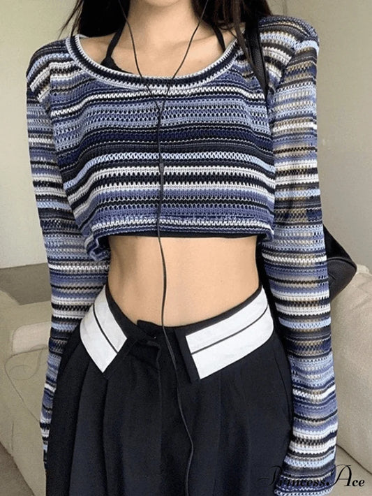 Contrast Stitch Ribbed Trendy Cropped Tank Top Blue / One Size Sweaters