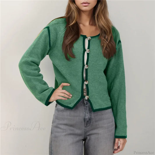 Contrast Stitching Long Sleeve Button Cardigan Green / S