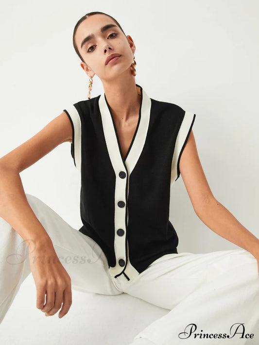 Contrast Trim Graceful Sweater Vest Black / Xs Sweaters-L