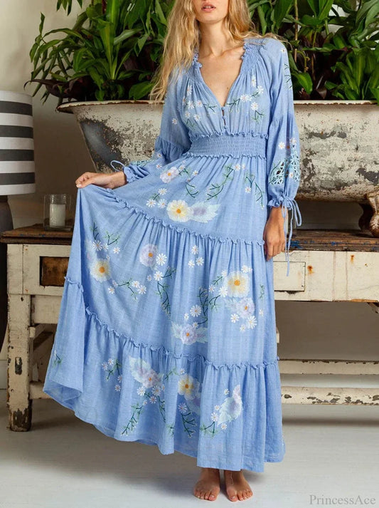 Cotton Rayon Blue Floral Embroidery Boho Dress Blue / S bohodress-250126