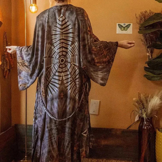 Cotton Rayon Floral Printed Boho Maxi Beach Cover up Dark Grey / One Size bohocoverup-250126