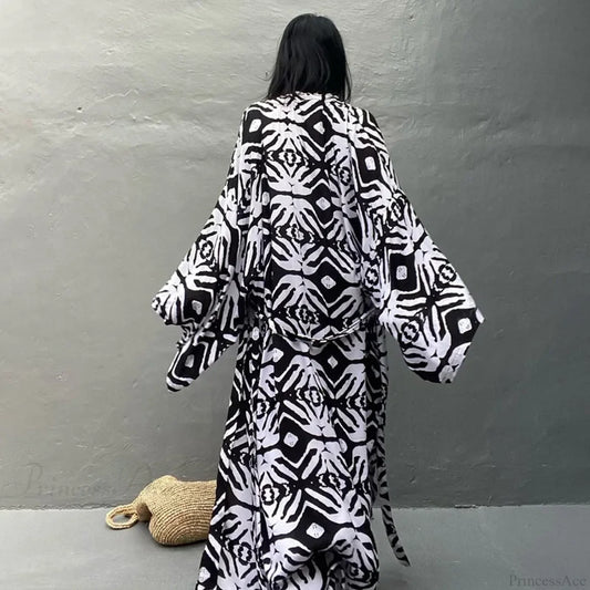 Cotton Rayon Printed Self Belted Maxi Boho Cover up MULTI / One Size bohocoverup-250126