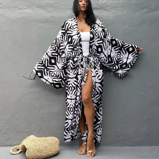 Cotton Rayon Printed Self Belted Maxi Boho Cover up MULTI / One Size bohocoverup-250126