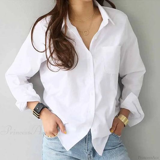 Cotton White Long Sleeve Button-up Blouse blouse-250126