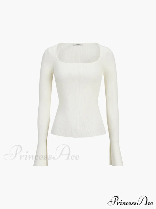 Cream Flare Long Trendy Sleeve Knit Top Sweaters-L