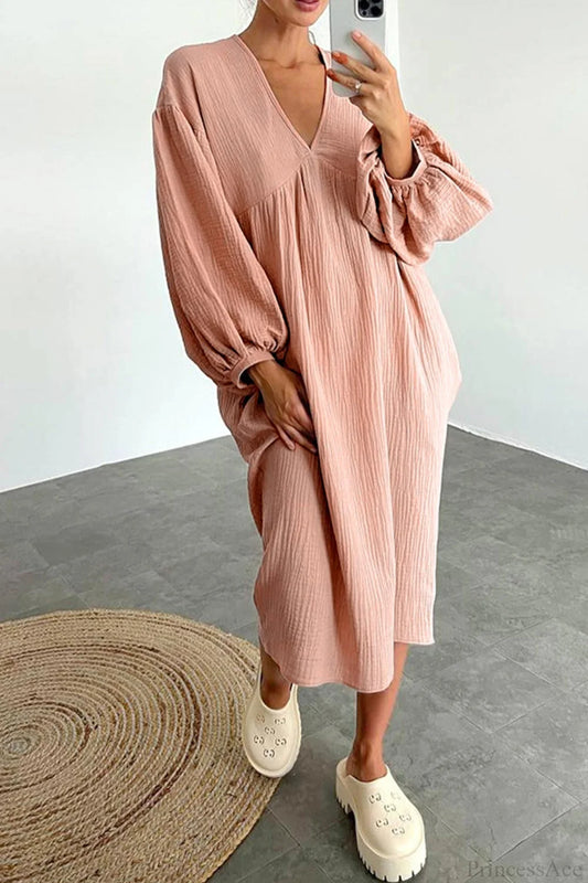 Crepe V Neck Puff Sleeve Loose Dress Pink / M Midi Dresses