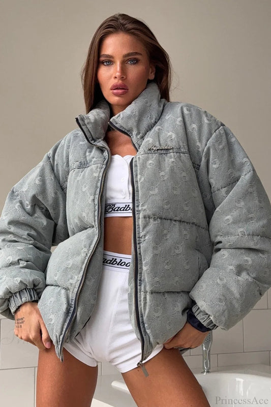 Crescent Print Allover Jacquard Relaxed Stand Collar Coat Gray / S