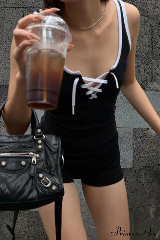 Crisscross Tie-Up Bodycon Rompers With Contrast Detail Black / M