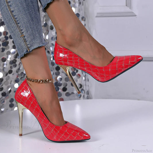 Crocodile-Effect Sexy Pattern Stiletto High Heelsfashion Pointy Party Casual Women Shoes Heel Red /