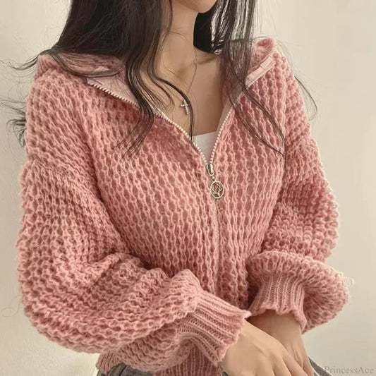Cropped Hooded Hollow Out Knit Cardigan Pink / S cardiagn-250126