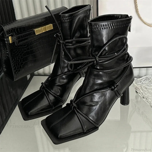 Cross-Band Square Toe Rebel Ankle Boot Black / 35
