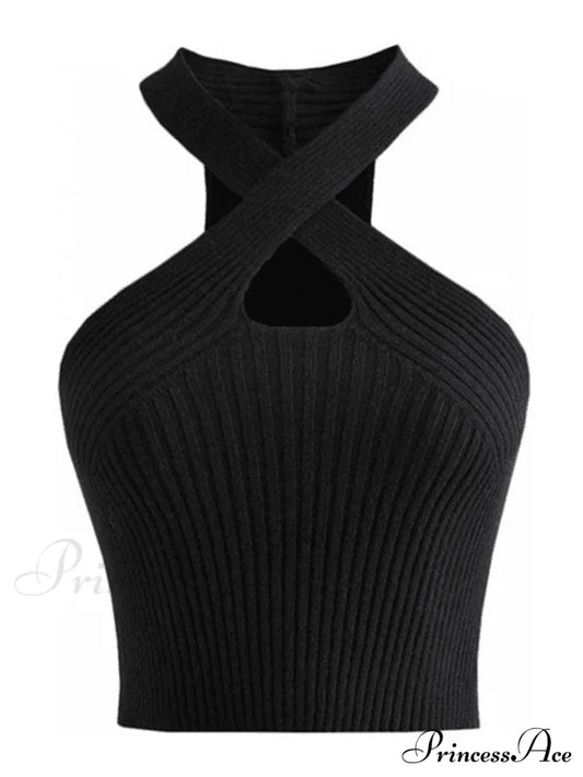 Cross Over Black Trendy Two Piece Set Tops&Tees