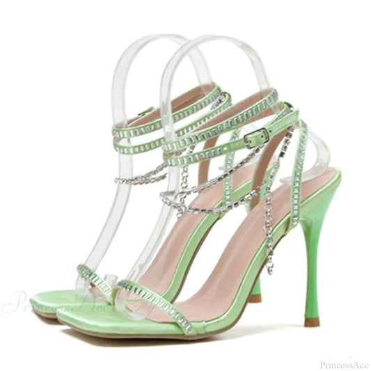 Crystal Chain Ankle-Strap Square-Toe Sexy Party Wedding Rhinestone Summer High Heel Green / 35