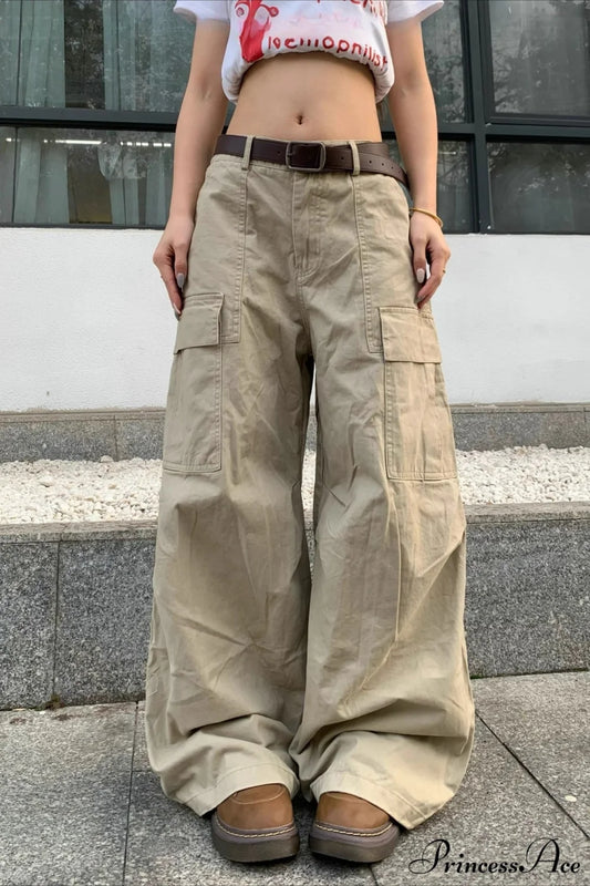 Curved Large Pocket Loose Cargo Pants Khaki / M