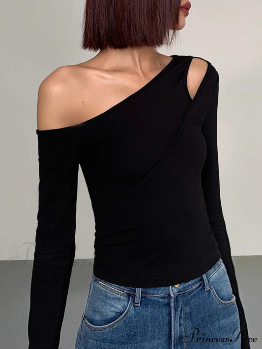 Cut Out Asymmetric Off Modern Shoulder Slinky Long Sleeve Shirt T-Shirts