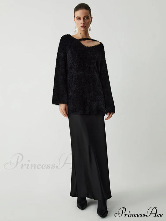 Cutout Fuzzy Graceful Knit Top Sweaters-L
