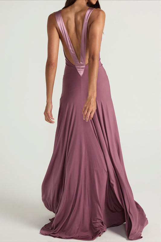 Deep V Satin Backless Maxi Dress