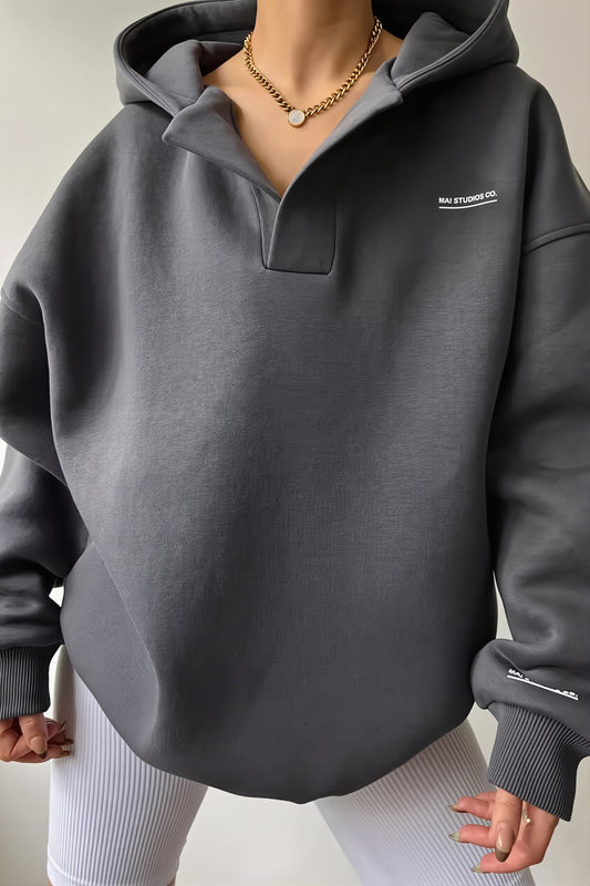 Solid V Neck Oversized Hoodie