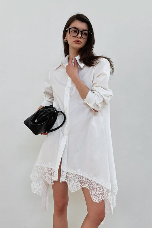 Soft Ruffled Lace Asymmetric Shirtdress Long Sleeve Mini Dress