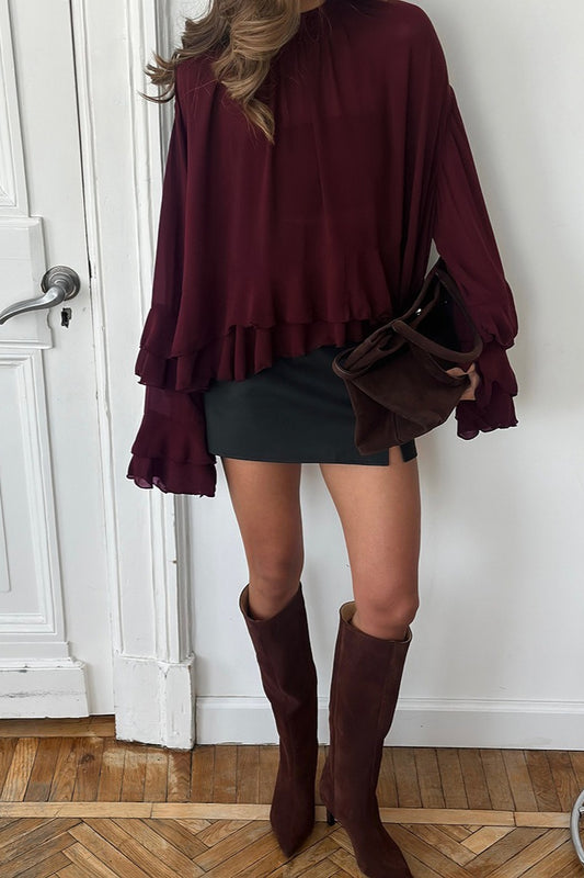 Burgundy Ruffle Bell Sleeve Blouse