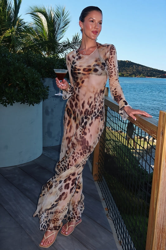 Leopard Mesh Open Back Long Sleeve Maxi Dress