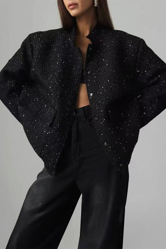 Pearl Embellished Cropped Aviation Jacket S / Black
