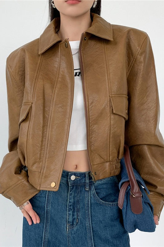 Short PU Leather Notch Lapel Jacket