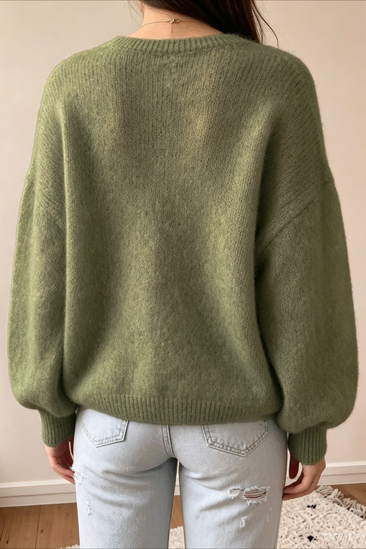 Oversized V Neck Balloon Sleeve Knit Sweater