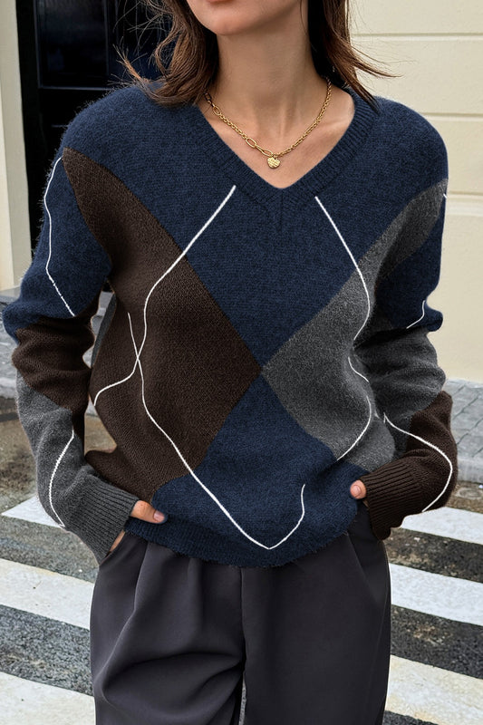 Geometric Color Block V Neck Sweater