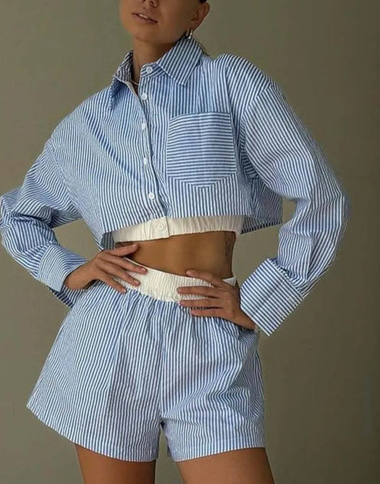 Dark Blue Patchwork Pleated Mini Office Two Piece Set