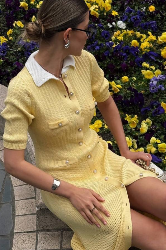 Single Breasted V Neck Knitted Slit Peter Pan Collar Midi Dress