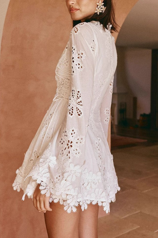 Fitted Lace Trim Tie Long Sleeve Mini Dress