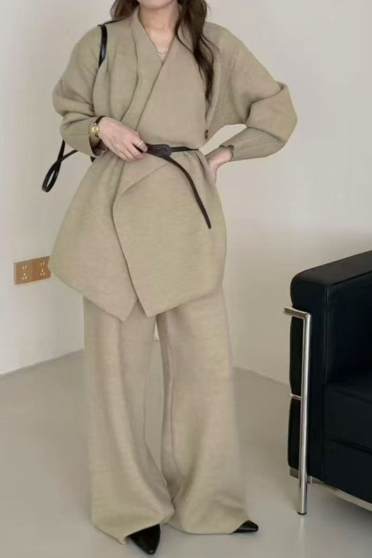 Loose Knit Big Collar Coat Wide-Leg Pants Two Piece Set
