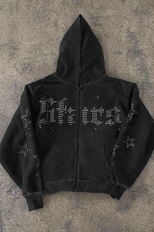 Gothic Rhinestone Letter Zip Hoodie