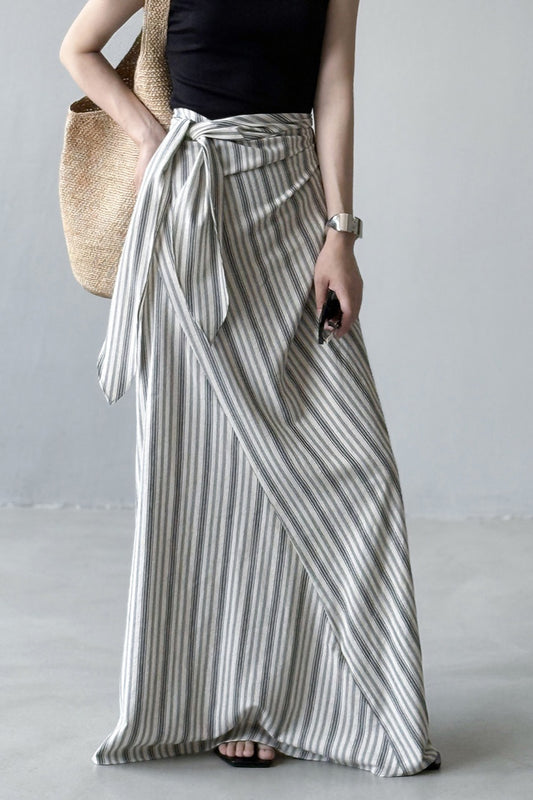 High Waist Striped Tie Waist A Line Maxi Skirt